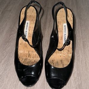 Manolo Blahnik Black Patent Leather Peep Toe Heels, Size 8.5